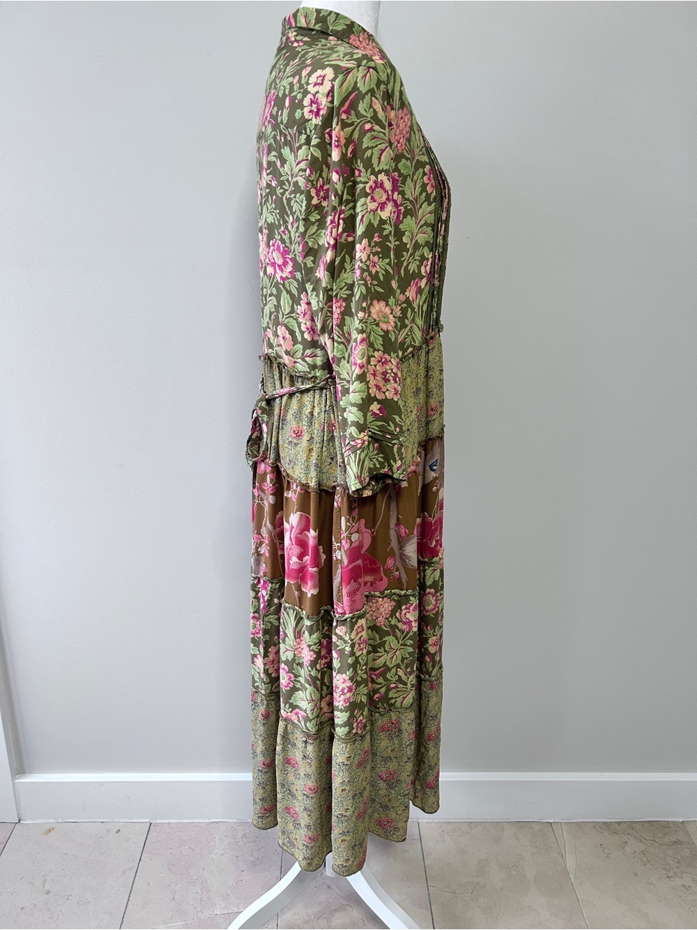 April Cornell Women’s XL Olive Pink Floral Tiered Patchwork Pintuck Maxi Dress - Picture 2 of 14